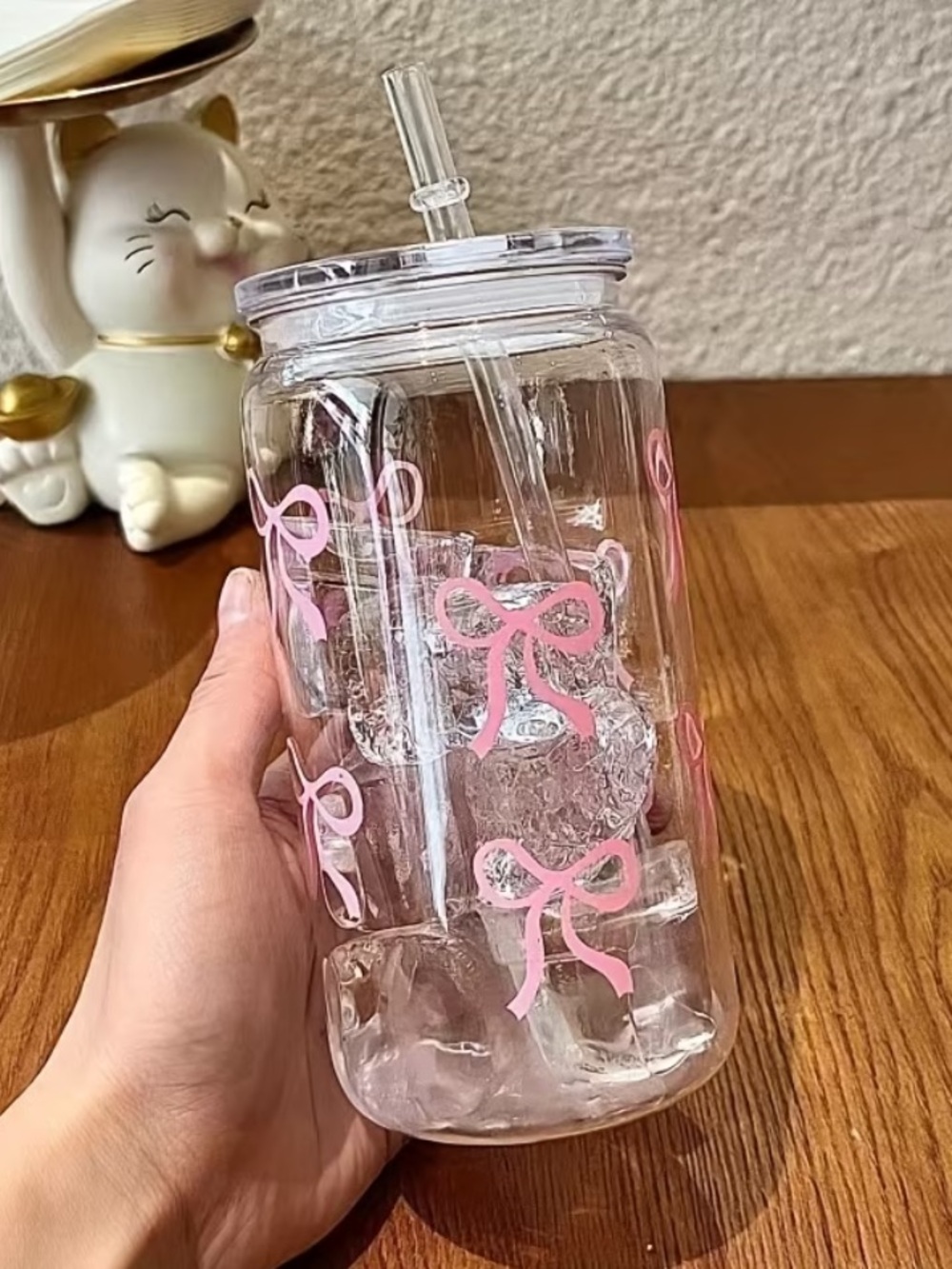 Clear Cup with Pink Bow Design and Straw